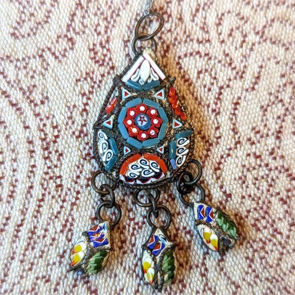 Antique Italian Micro-Mosaic Silver Pendant Lavalier Necklace w Sterling Chain - Picture 6 of 9